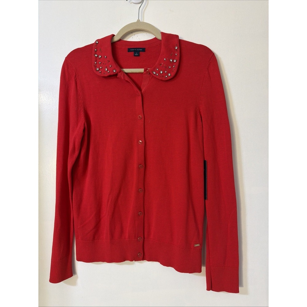 Tommy Hilfiger Cardigan Sz Medium Rhinestones Collar Red Cotton Sweater New $89
